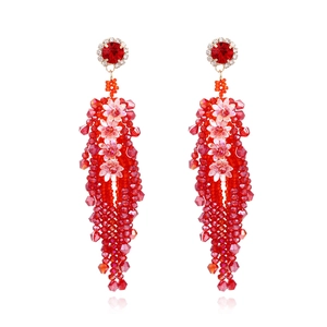 Bohemian Flower Tassel Earrings For Women Red Synthetic Crystal Bead Rhinestone Alloy Handmade Statement Jewelry