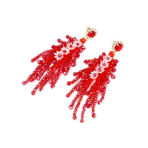 Bohemian red beaded tassel earrings with crystal flower petals and gold accents