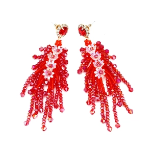 Dramatic red beaded tassel floral earrings with heart stone in bohemian style