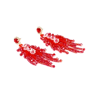 Bohemian red floral tassel earrings with handmade beads and crystal studs for women