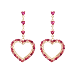 Eleganti orecchini lunghi a cuore con cristalli rosa e rossi in oro