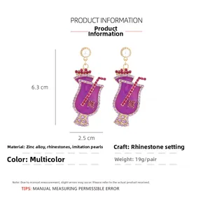Detail showing 6.3cm purple cocktail cup earrings with rhinestones and white pearls
