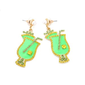 Summer cocktail glass earrings with green enamel and sparkling crystals on white background