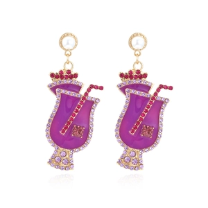 Colorful purple cocktail cup drop earrings with crystal crown and pearl studs