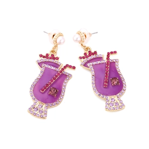 Chic purple cocktail glass earrings with sparkling rhinestones and white pearl studs