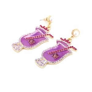 Detail of purple cocktail cup earrings with sparkling rhinestones and white pearls