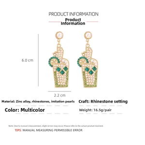 Detailed view of cocktail cup earrings with pearls and rhinestones size dimensions