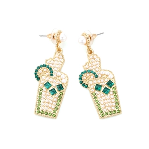 Cocktail glass drop earrings with white pearls and green crystals on gold base