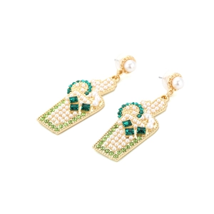 Golden cocktail bottle earrings with green crystals and white pearls in 45-degree view