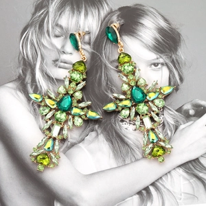 Luxury oversized cross drop earrings with green and yellow crystals in gold finish