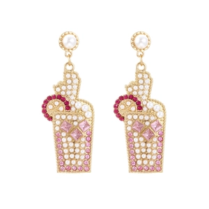 Gold fruit cocktail cup earrings featuring pink rhinestones and white pearls
