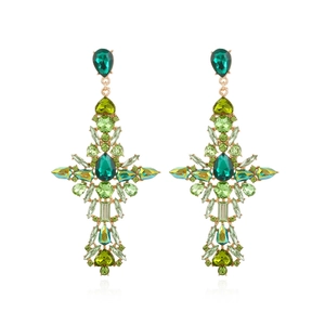 Colorful Rhinestone Cross Dangle Earrings Hollow Alloy Exaggerated Statement Luxury Retro Party Jewelry For Women