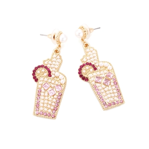Detail showing cocktail glass earrings with pearls and pink rhinestones on gold finish