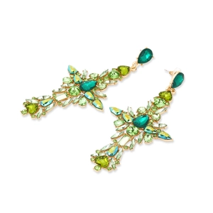 Exaggerated vintage cross earrings with multi-colored green rhinestones in hollow alloy