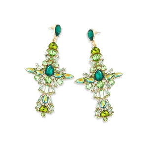 Luxurious gold-tone cross earrings featuring emerald green crystals and hollow alloy design