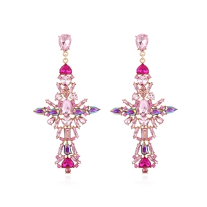 Dramatic colorful rhinestone cross earrings with pink and purple crystals in gold finish