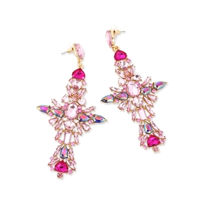 Close-up of luxury cross earrings featuring colorful pink rhinestones and gold plating