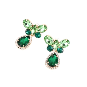 Luxury gold butterfly earrings with green crystal teardrop pendants and white zircon accents