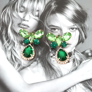Elegant green glass butterfly drop earrings with emerald crystal rhinestones for women
