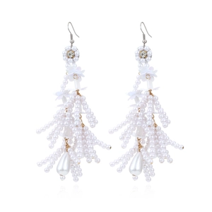 Handmade Flower Tassel Earrings Imitation Artificial Pearl Rhinestone Boho Exaggerated Long Dangle Bridal Jewelry For Women