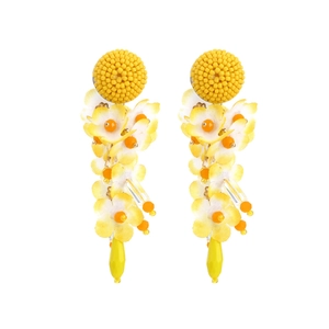 Long yellow beaded floral tassel earrings with vibrant fabric petals and acrylic charms
