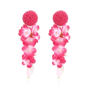 Pink bohemian floral tassel earrings with handmade beads and silk flower petals