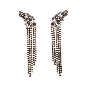 Longues boucles d'oreilles à pompons avec cristaux gris foncé et transparents sur alliage