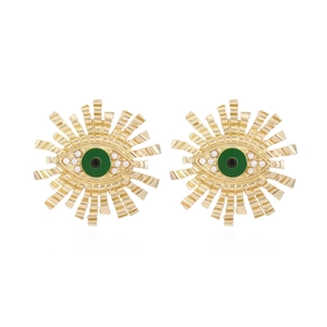 Evil Eye Stud Earrings Gold Alloy With Faux Artificial Pearl And Green Enamel Sunburst Bohemian Retro Style For Women