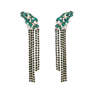 Boucles d'oreilles longues à franges avec pétales de cristal vert et chaînes en strass noir