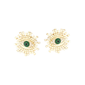 Golden Evil Eye stud earrings with green enamel and radiant sunburst design for women