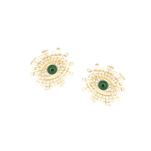 Bohemian gold devil's eye stud earrings with green enamel and radiant sunburst design