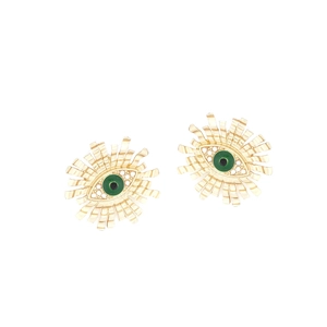 Golden Evil Eye stud earrings with sunburst pattern and green enamel center detail