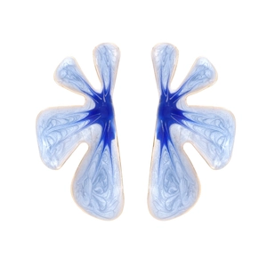 Artistic metal flower earrings with gradient blue enamel petals on a clean white backdrop