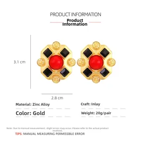 Detail view of vintage palace style square earrings with zinc alloy and faux gemstones