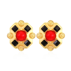 Vintage Court Style Square Stud Earrings With Red Resin Gemstone And Black Rhinestones Alloy Retro Baroque Jewelry For Women