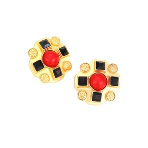 Vintage royal style square rhinestone earrings with gold alloy and red resin stone