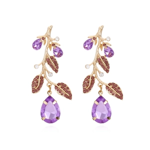 Purple Rhinestone Tree Branch Leaf Drop Earrings Alloy Gold Tone Teardrop Gemstone Vintage Exaggerated Jewelry Women