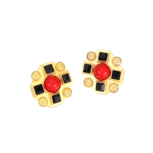 Vintage palace style square earrings with red centerpiece and black rhinestones on gold base