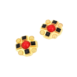 Retro palace style square earrings with red centerpiece and black rhinestones on gold base