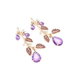 Exquisite gold-toned alloy branch earrings with purple teardrop crystals and pink stones
