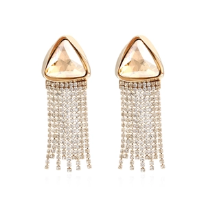 Retro Champagne Triangle Glass Long Tassel Drop Earrings Zinc Alloy Rhinestone Inlaid Fashion Jewelry Women