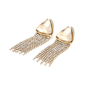 Elegant gold earrings with champagne triangle gemstones and long rhinestone tassels