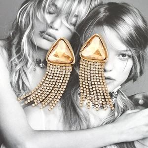 Vintage long tassel earrings with champagne crystal triangles and gold rhinestone fringe