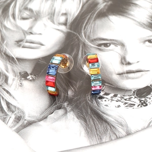 Rainbow C-shaped earrings with colorful rectangular crystals on gold-tone metal base