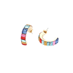 Colorful C-shaped gold alloy hoop earrings with vibrant multi-color crystals