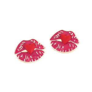 Boucles d'oreilles lèvres roses avec cœur rouge et bordure dorée élégante