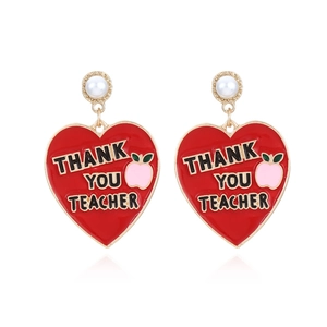 Thank You Teacher Heart Enamel Dangle Earrings Alloy With Faux Artificial Pearl Apple Gift Women Retro Style Jewelry