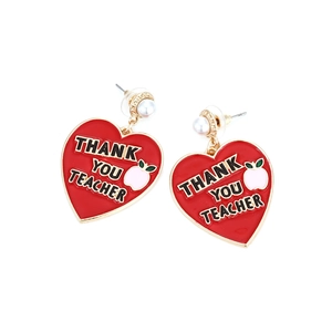 Teacher appreciation heart earrings with red enamel and faux pearl studs for women