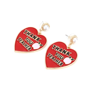 Detail of red enamel heart earrings with white pearl and Thank You Teacher text
