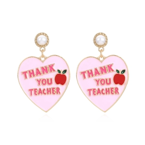 Pink heart drop earrings with Thank You Teacher text and white pearl studs